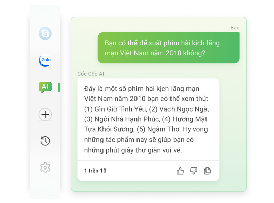 Trò chuyện với Cốc Cốc AI Chat ngay trên thanh bên Trò chuyện với Cốc Cốc AI Chat ngay trên thanh bên